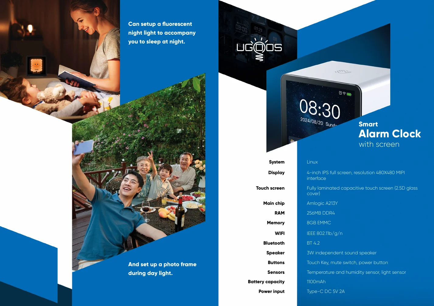 UGOOS AC1 AI Smart Clock Quad Core Alarm Clock 8GB EMMC 256MB Bluetooth 4.2 Speaker Home Music Player Support Weather Situation