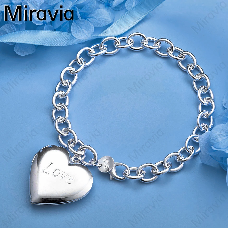 

Miravia 925 Sterling Silver Engraved Love Heart Open Box Photo Frame Pendant Bracelet Woman Charm Fashion Wedding Jewelry
