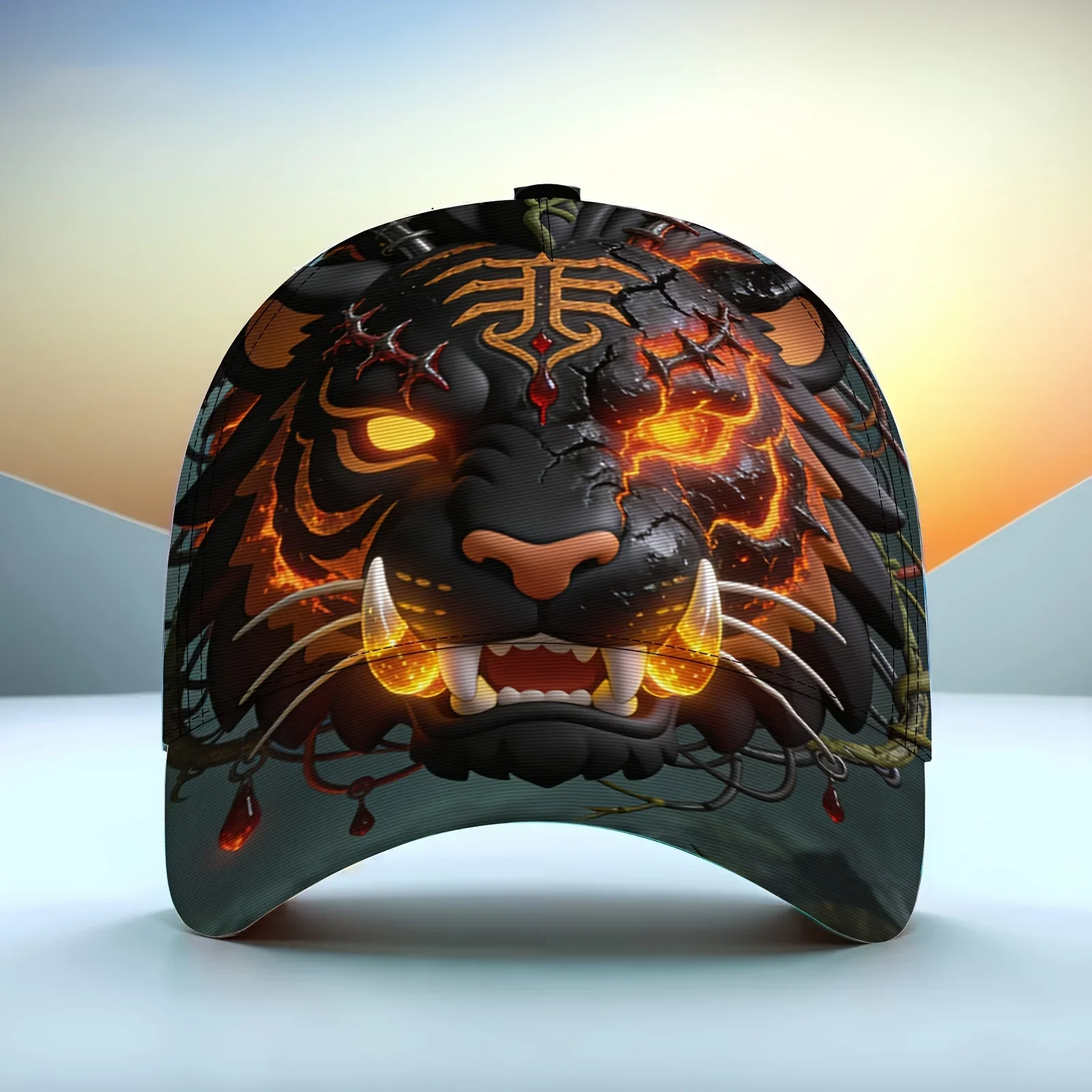 Customization Hats 1pc Of A Unisex Lightweight Baseball Cap Featuring A Flaming Black Tiger Symbol Print, Suitable For Street