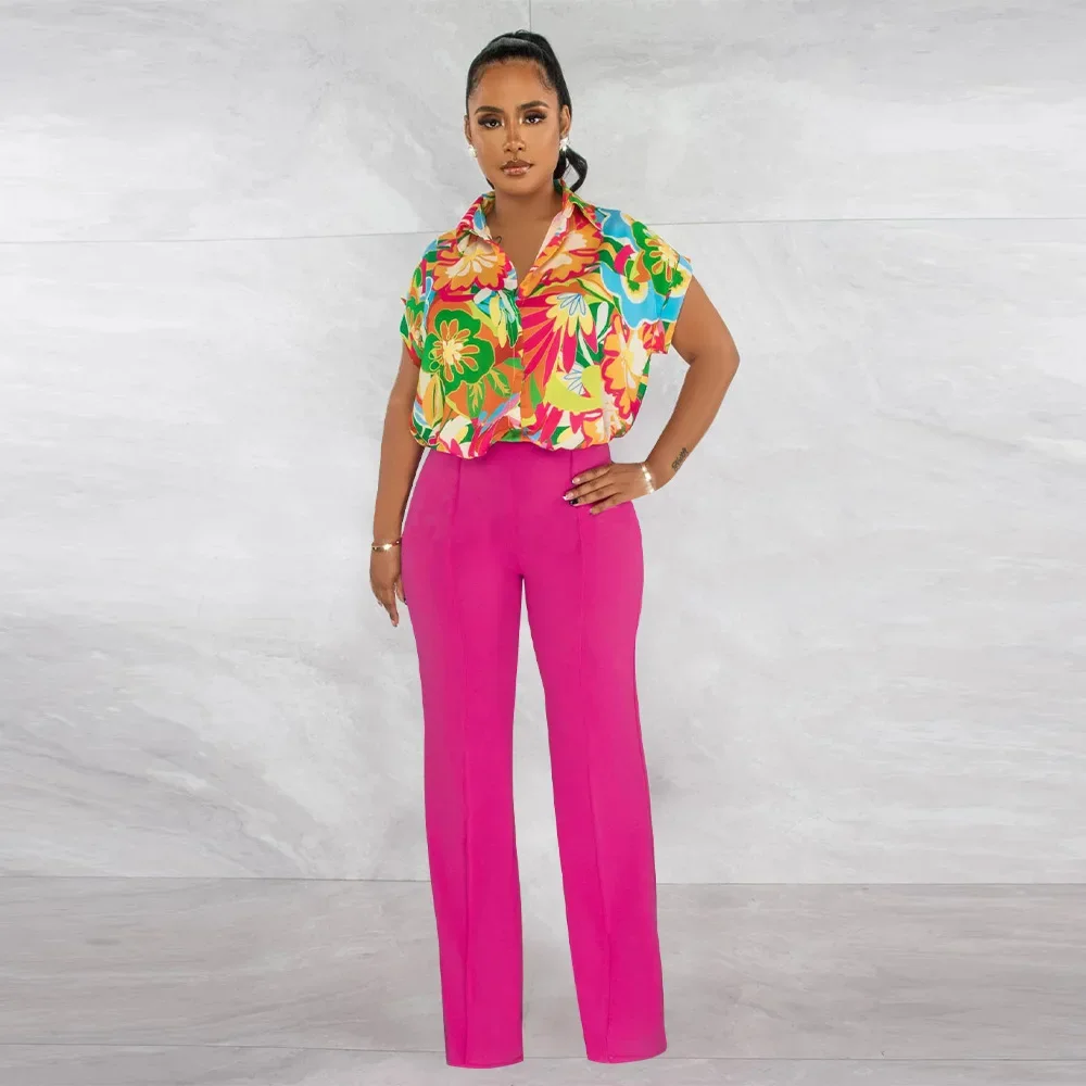 Two Piece Print Set Women For Party Sexy Blouse Shirt Tops And Pants Striaght Leg High Waist Night Club Outfits Clubwear Sets