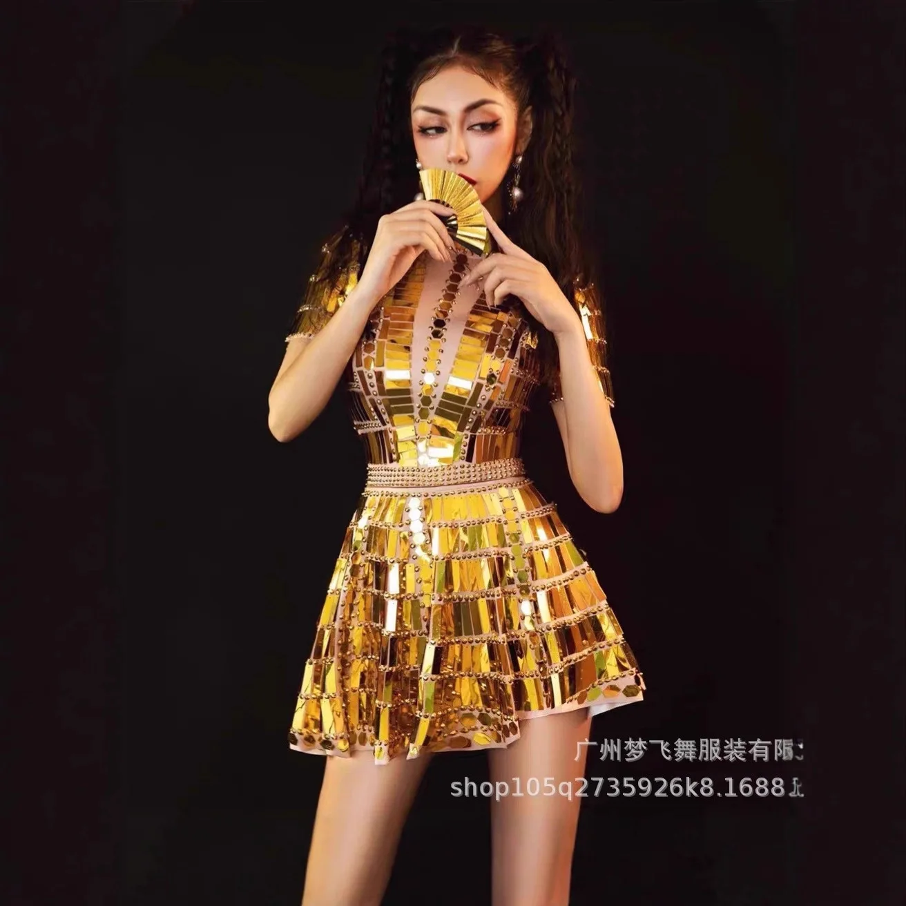 

Nightclub Bar Sequin Backless Jumpsuit Short Skirt Women Fake Sheer Sexy gold Long Sleeve Performance Costume