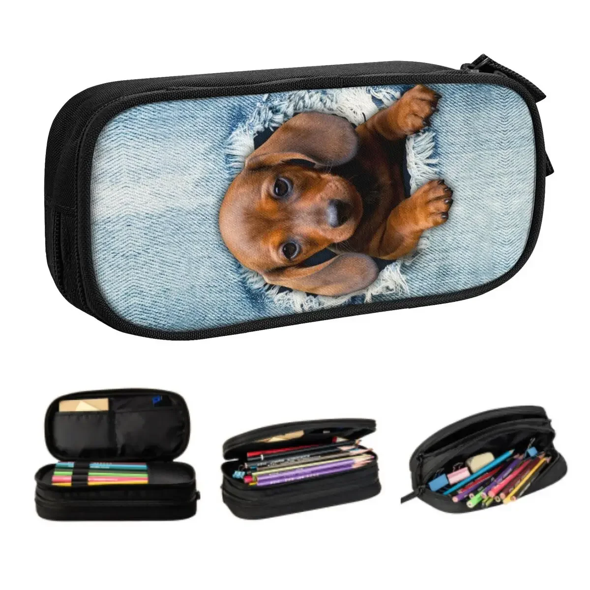 Custom Dachshund Dog Torn Jean Cute Pencil Cases Boys Gilrs Large Capacity Wiener Badger Sausage Dog Pencil Box School Supplies