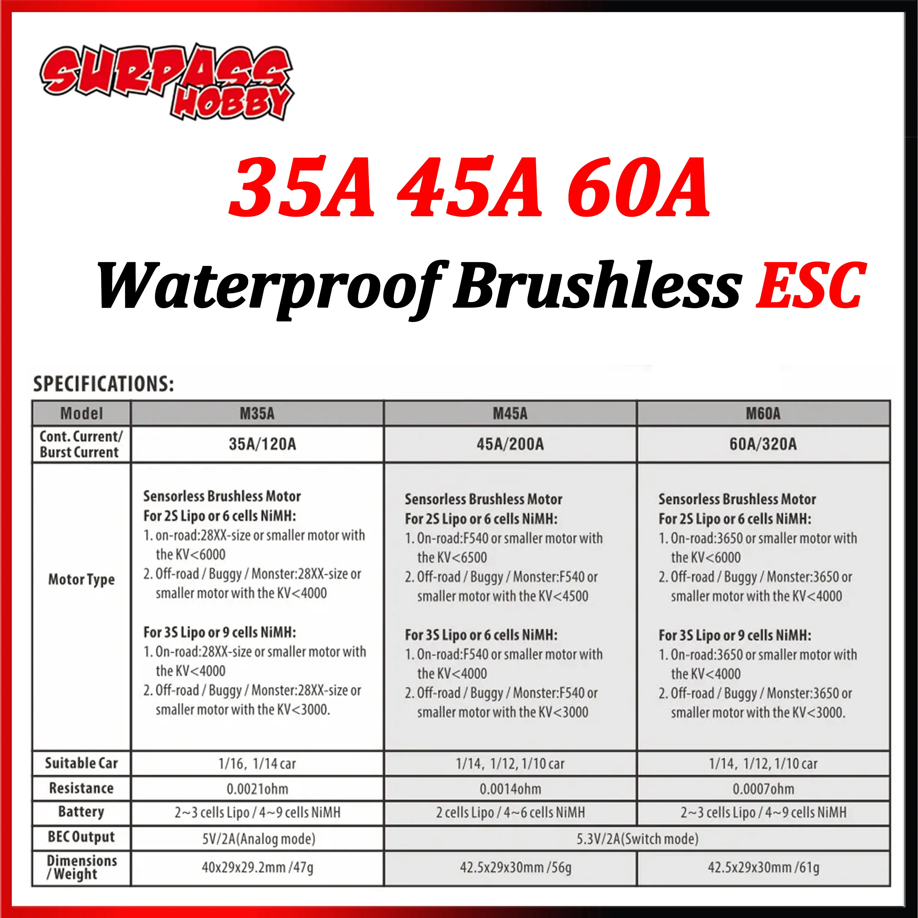 

Surpass Hobby Waterproof Brushless ESC 35A 45A 60A Speed Controller for 1/12 RC Car Buggy Truck Crawler Toy Accessories Axial