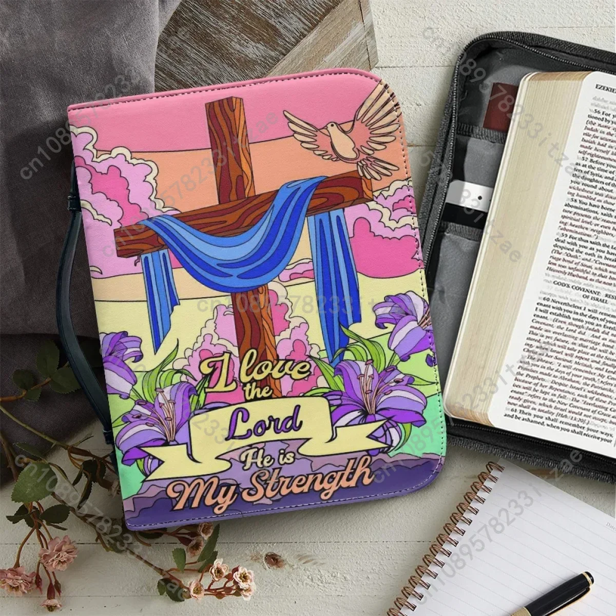 New Artistic Colorful Cross Pattern Print Women's Bible Cover Case Leather Handbags Zippered Handle Practical Bible Storage Bags