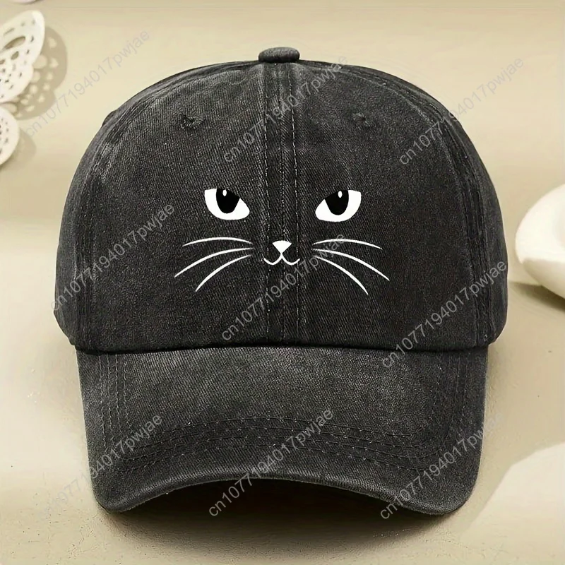 

Cute cat print baseball cap, cartoon solid color, washed and distressed, outdoor fashion casual sports adjustable hat.