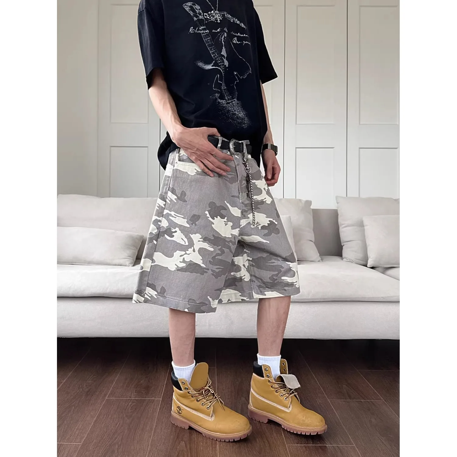 New Summer Gray-white Camouflage Five-point Denim American Shorts, Men's Loose Wide-leg Casual Versatile Street Style