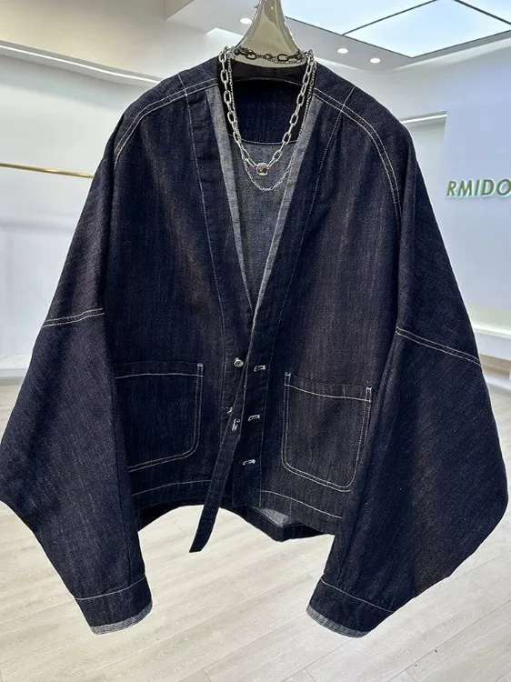 Casual Sle Donna Or Jaet V-Ne Batwing Sve Denim Capispalla Loose Fit Autunno Nuovo arrivo Etichetta di marca Rimosso