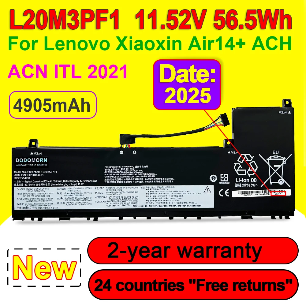 

L20M3PF1 Аккумулятор для ноутбука Lenovo Xiaoxin Air14 + ACH ACN ITL серии 2021 L20L3PF1 L20C3PF1 L20D3PF0 SB11B44631 11,5 В 56,5 Втч