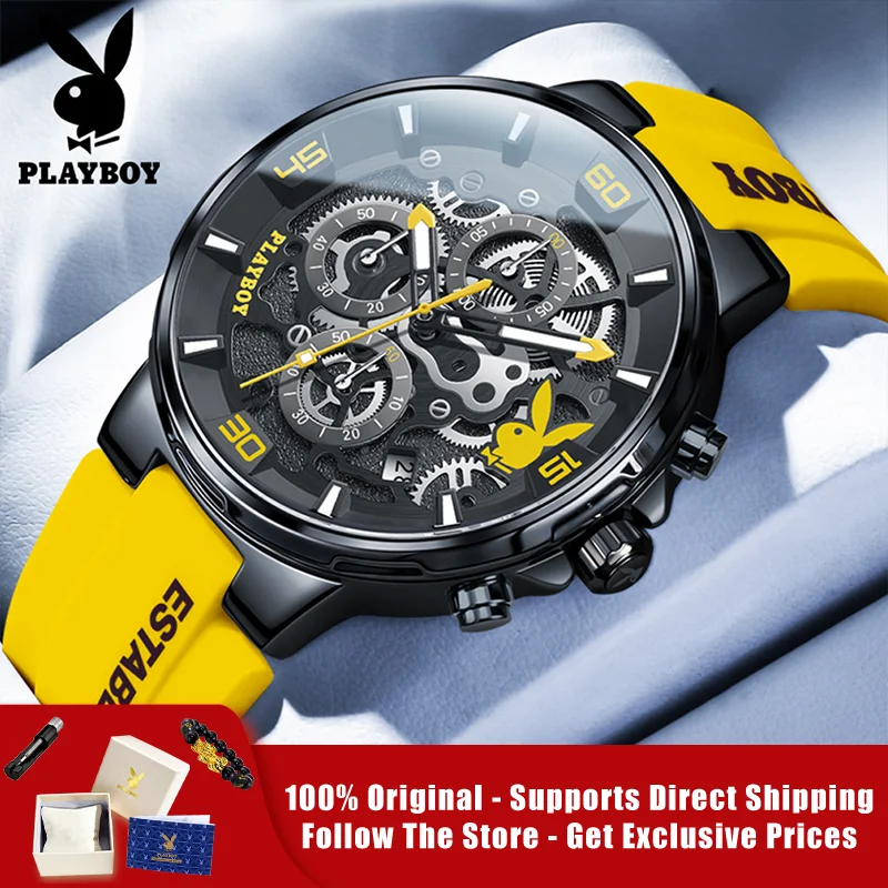 PLAYBOY 3063 Brand Original Authentic Watches for Man Luxury Gift Box Silicone Strap Trendy Quartz Men's Watch
