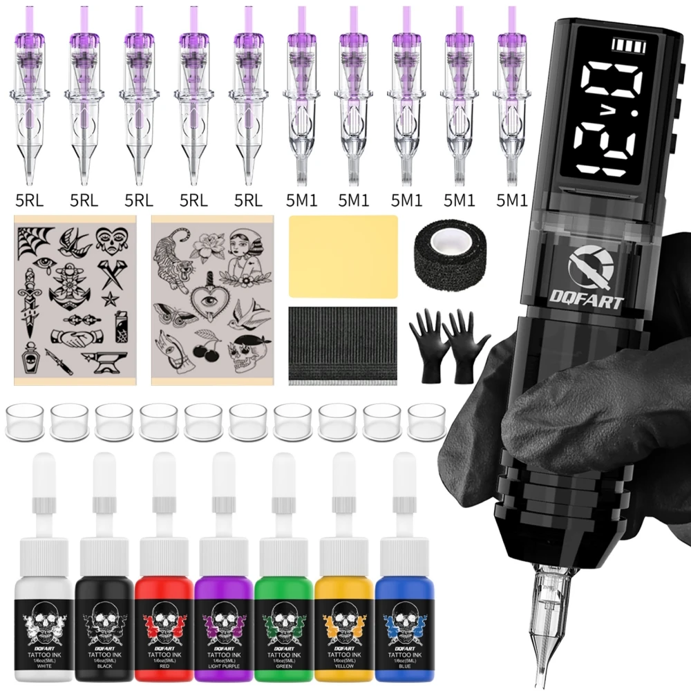 DQFART T1 Black Red Electric Wireless Tattoo Machine Set Tattoo Ink Tattoo Needles Tattoo Artists Beginner Supplies Accessories Body Art Creative Designs
