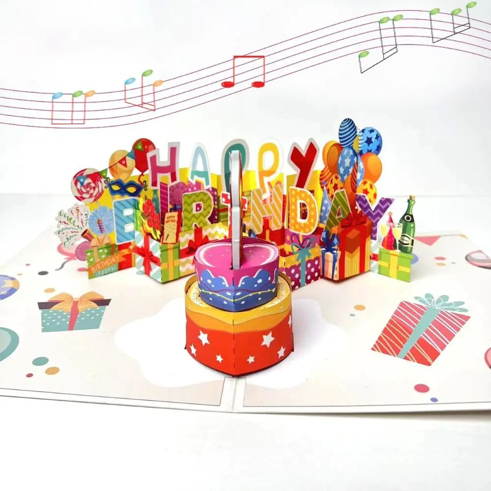 Musical and Light Happy Birthday Card Blowable Led Candle Hollow Paper Carving 3D Popup Greeting Card Unique Effect