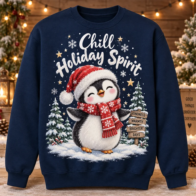 Men Crewneck Sweatshirt, Cute Christmas Penguin Santa Hat Snow Tree Print Polyester Casual Pullover