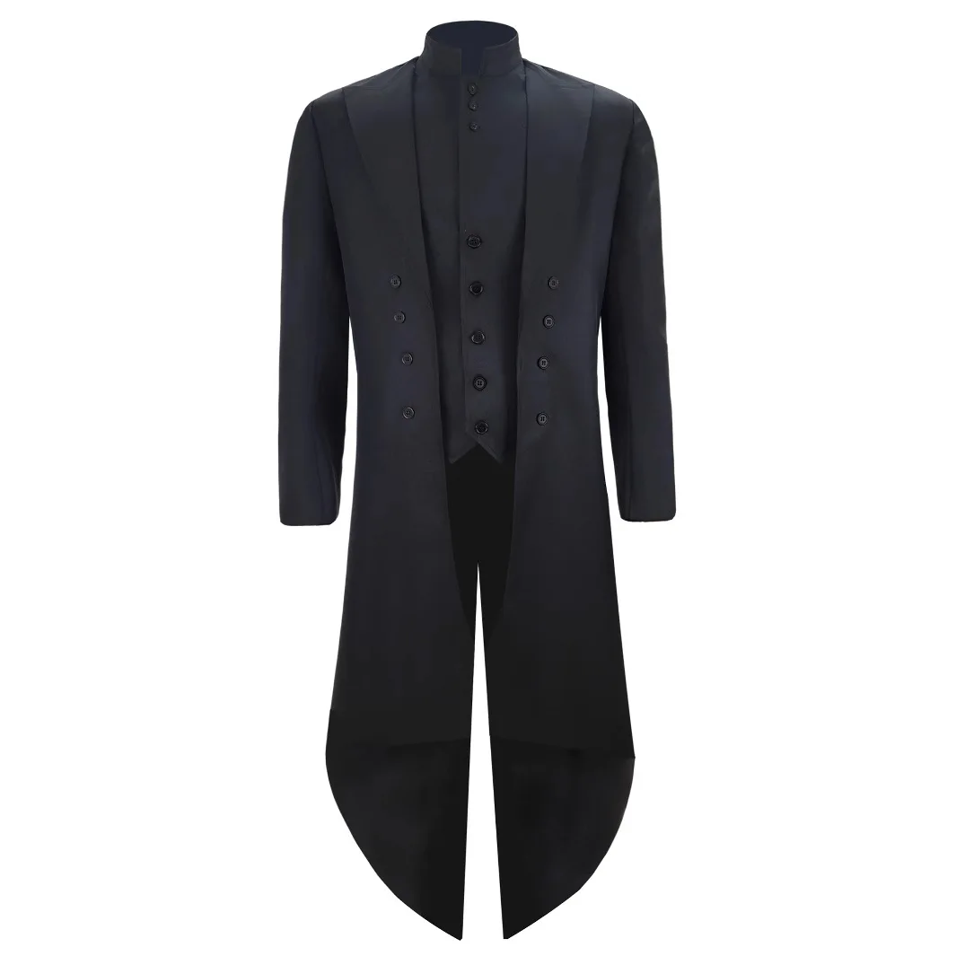 

Новая европейская и американская мужская одежда, средневековый халат на Хэллоуин, мужской облегающий фрак средней длины в стиле ретро с v-образным вырезом