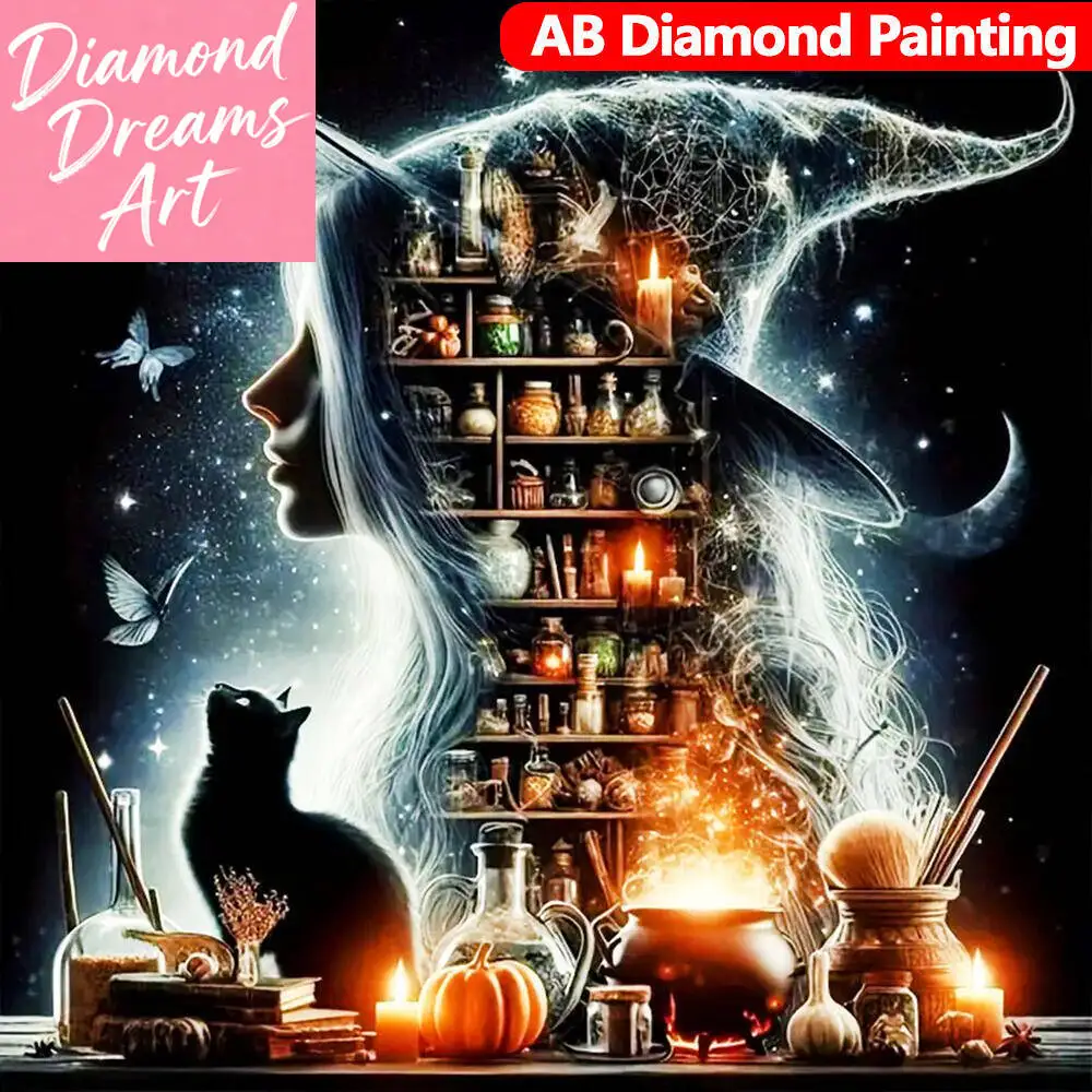 Rahmenlose, Neue Diamant-Malerei-Kollektion: 5D Diamant-Mosaik Hexe, Tier-Katze, Strass-Bilder, Heimdekoration, Bastelset