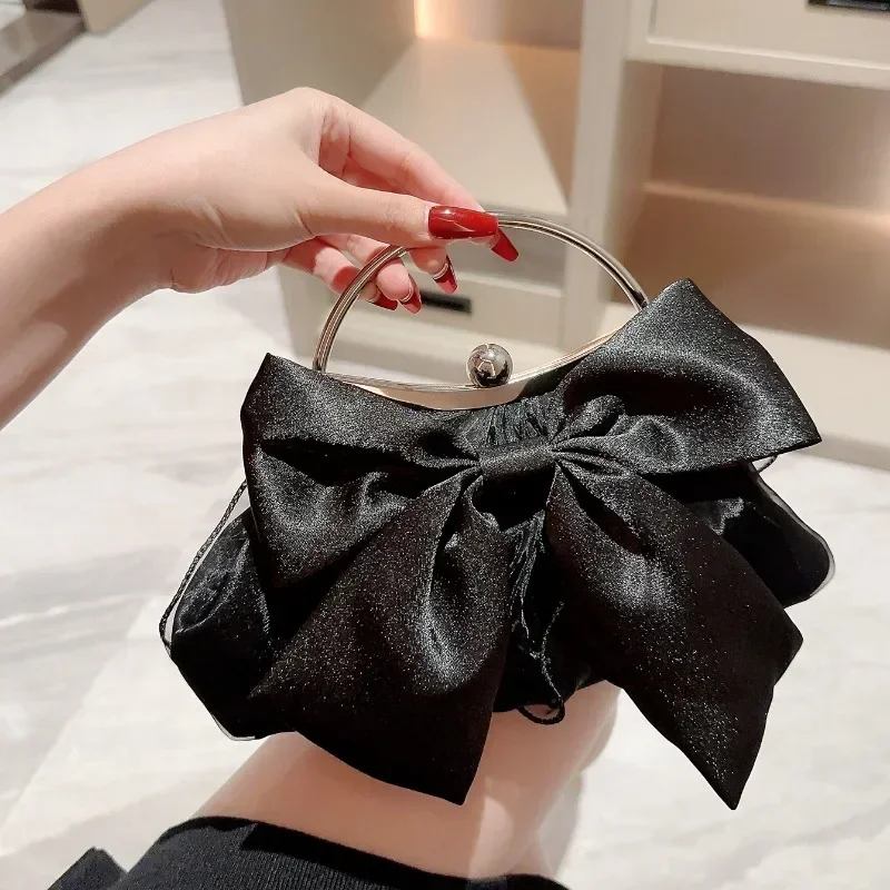 White Satin Bow Fairy Evening Bags Clutch Metal Handle Handbags for Women Wedding Party Bridal Clutches Purse Chain Shoulder Bag