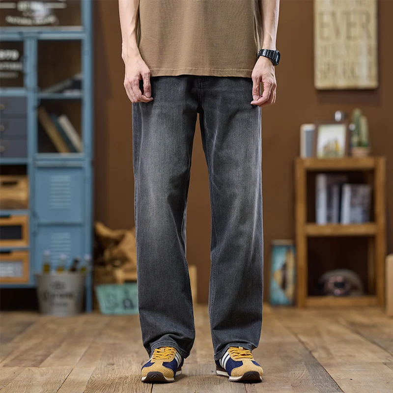

2025 Baggy Jeans Men Wide Leg Straight Loose Fit Stretch Male Denim Pants Gray Casual Trousrs Vintage Full Length Trousers