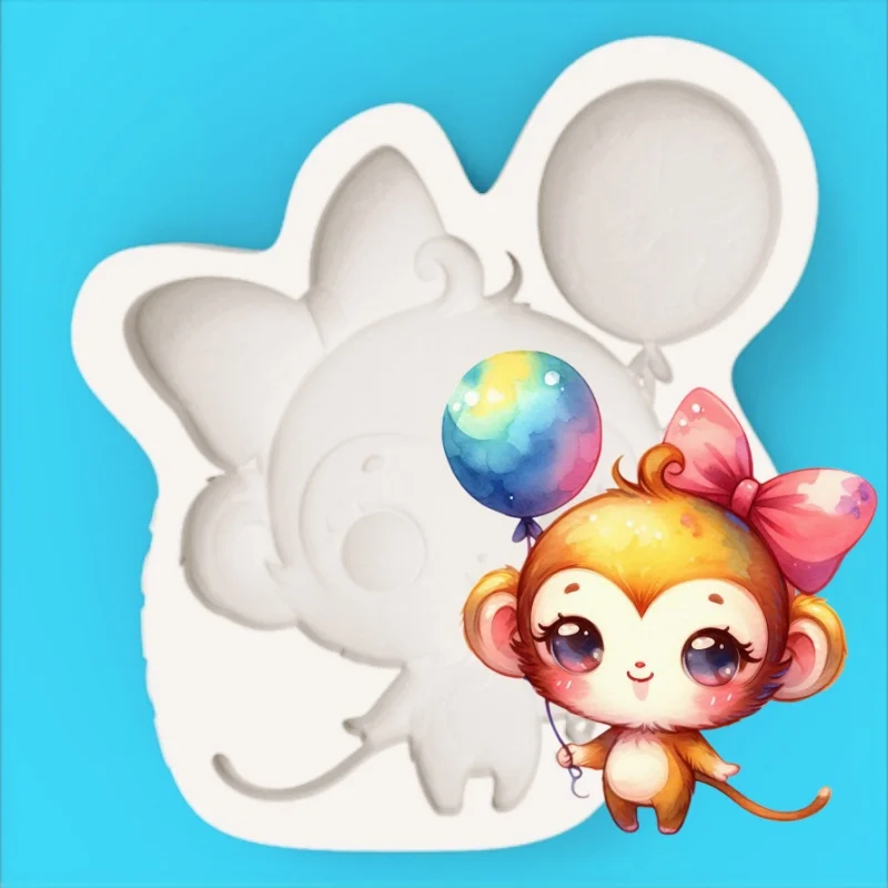 Use a Balloon-Shaped Mold with a Bow and Monkey Design to Create a Silicone Mold for Chocolate Fondant