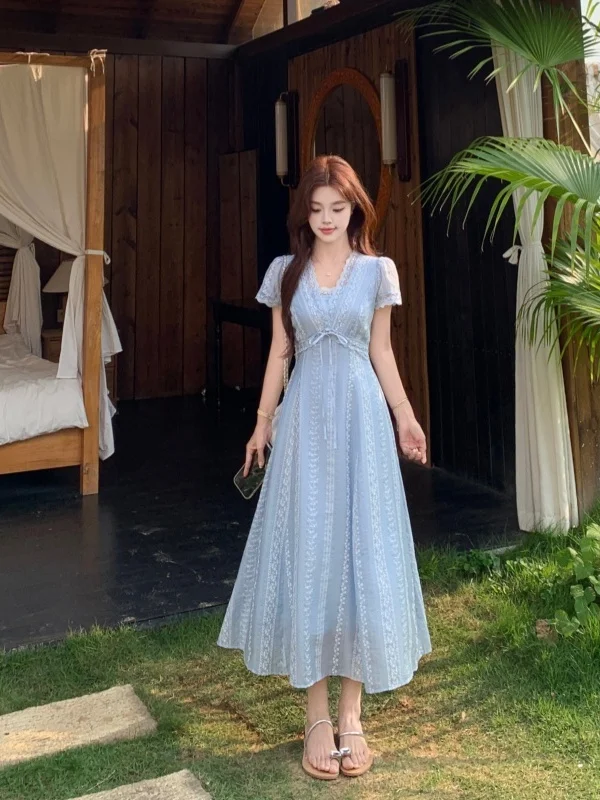 

plus Size Lace Trim V-Neck Dress Slimming Waist Design Korean Style A-Line Long Skirt for Women Commute Wear Summer New Arrival