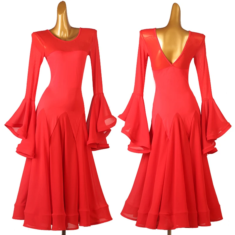 

Women's Ballroom Dance Clothing Standard Modern Dancing Outfit Red Flared Sleeve Long Dresses Waltz Performance Stage Wear 4722