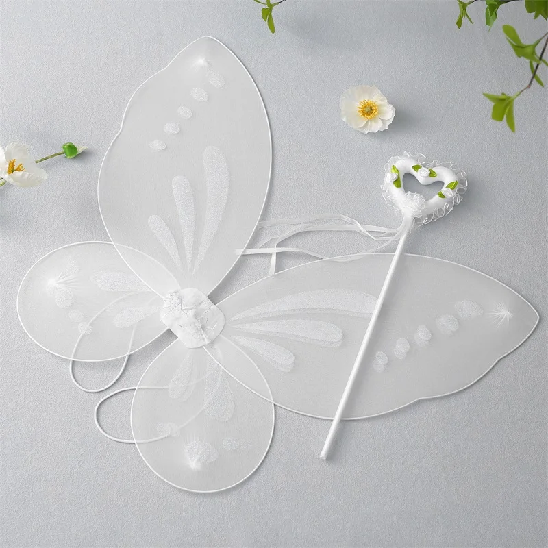 New Children Girls Folding Butterfly Wings White Set Elf Shiny Fairy Wings Flower Heart Magic Wand Halloween Birthday Party Gift