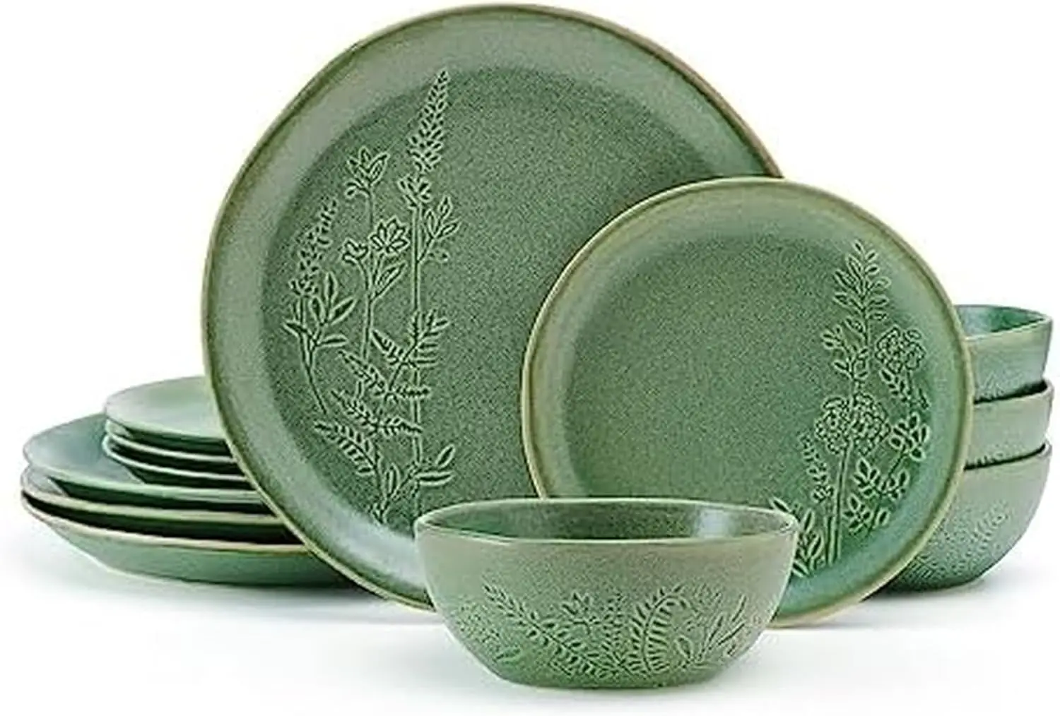 

12-Piece Dinnerware Set for 4, Green Ceramic Plates Bowls Mugs, Durable and Stylish