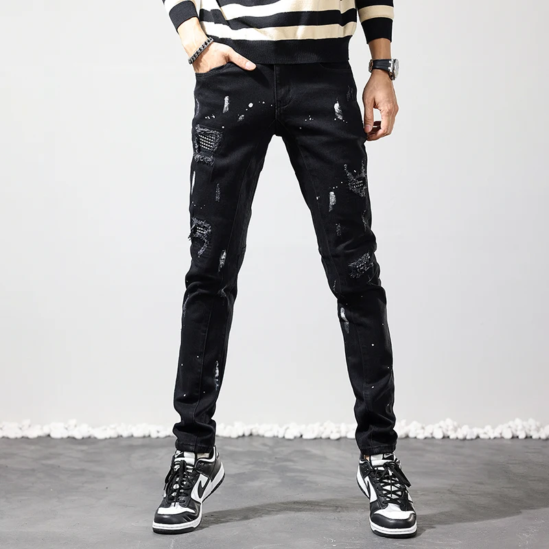 

High Street Fashion Men Jeans Black Elastic Stretch Slim Fit Painted Ripped Jeans Beading Patched Designer Hip Hop Pants Hombre