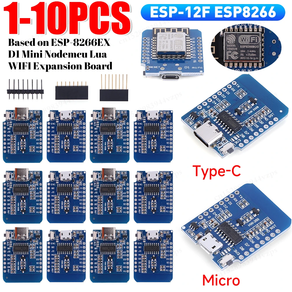 10-1PC D1 ミニ TYPE-C/マイクロ USB ESP8266 ESP-12F CH340G V2 モジュール WiFi D1 ミニ開発ボード 3.3V Arduino 用ピン付き