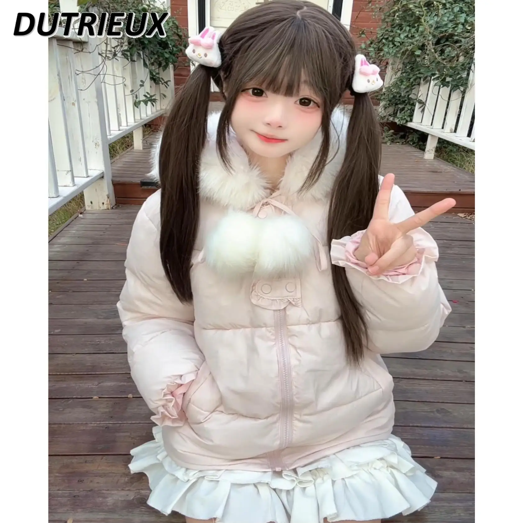 Winter New Sweet Cute Girls Pink Hooded Cotton Coat Loose Warm Zipper Clothes Slimming Long Sleeve Parkas Jacket for Women