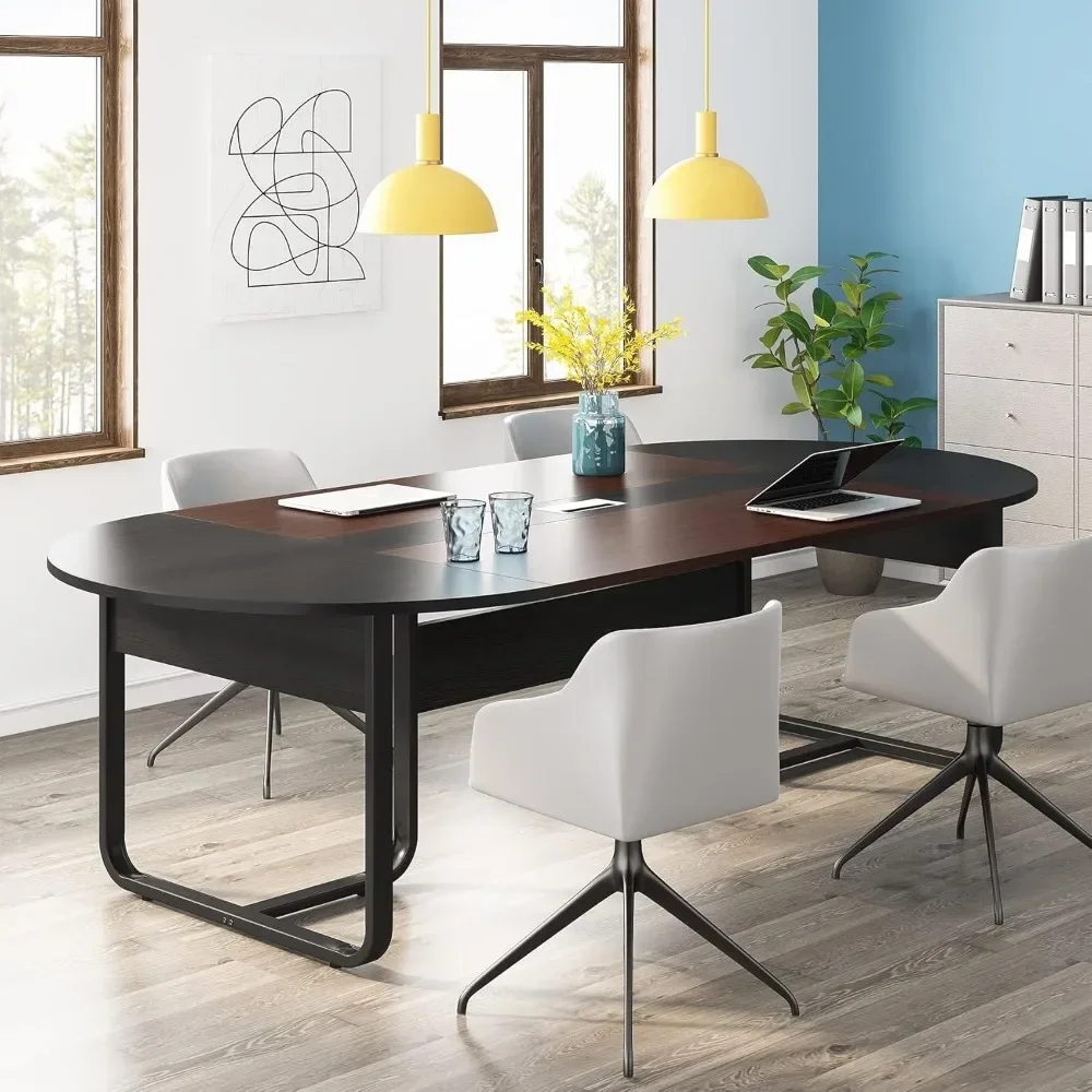 8ft Oval Conference Table Large Meeting Black Industrial Vintage Rectangular Metal Particle Board Wood Finish Includes Hardware