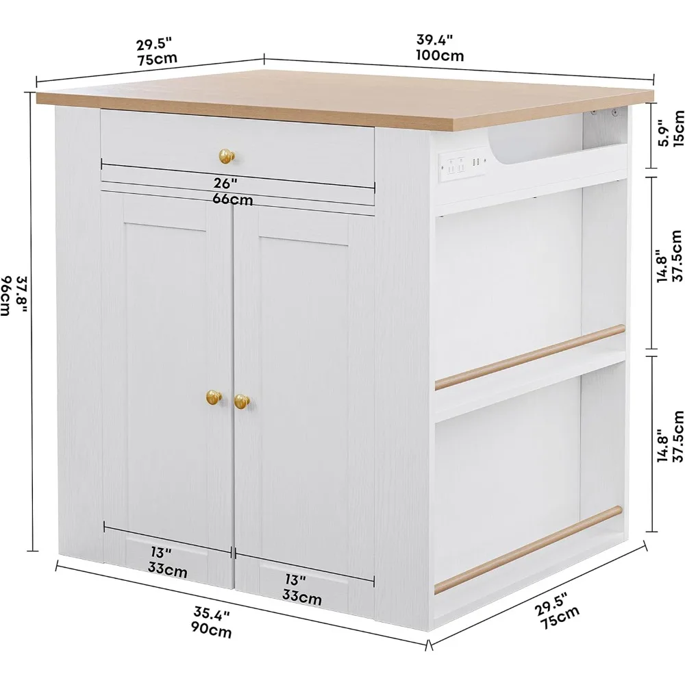 Kitchen Island with Storage, Large Organized Storage Space with Power Strip, 2-Door Cabinet and 2 Open Shelves/Dual Side Drawers