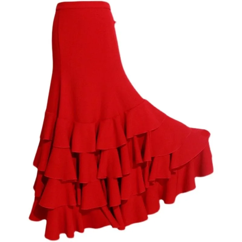 Falda de Baile de Cuatro Capas con Volantes, Mezcla de Algodón y Poliéster, Traje de Flamenco, Cintura Alta, Corte Ajust...