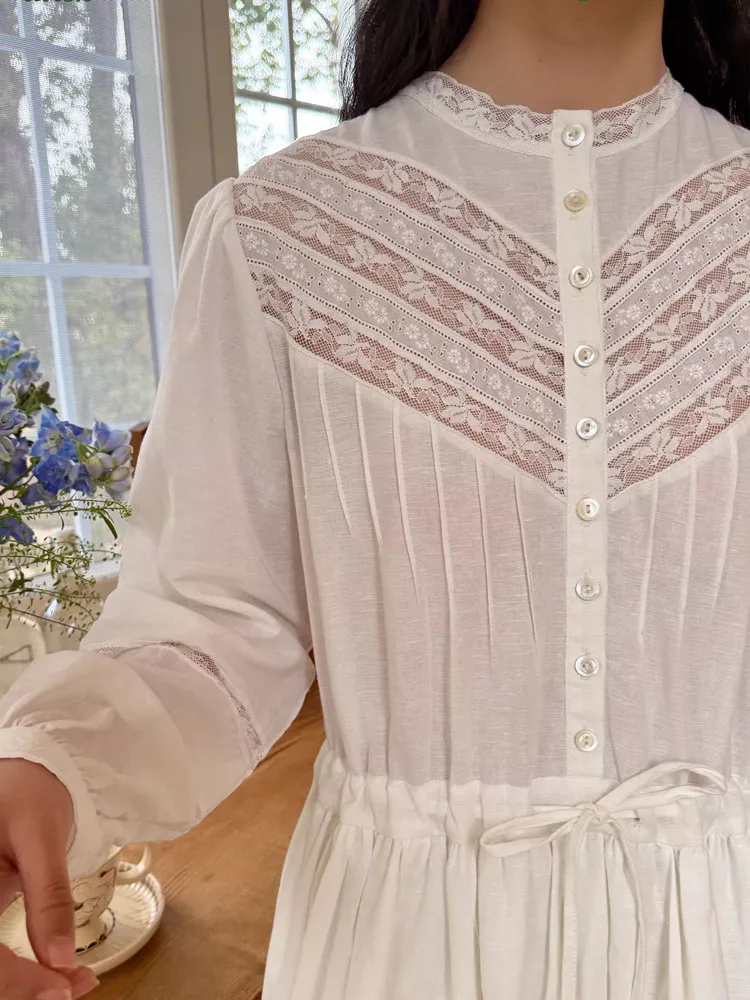 

Длинные платья для женщин с обхватом груди 96-100 см, весенне-осенние, белые, в стиле французского винтажа, элегантные, с вышивкой, кружевными вставками, из хлопка и льна.