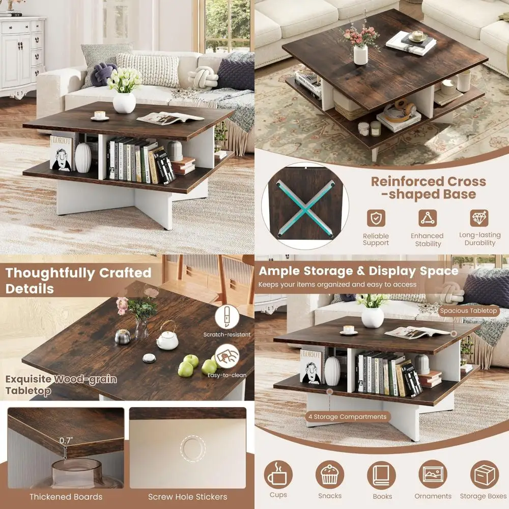 Mid Century Modern Farmhouse Coffee Table with 4 Storage Compartments and Cross-Shape Base, 24 Inch Center Table