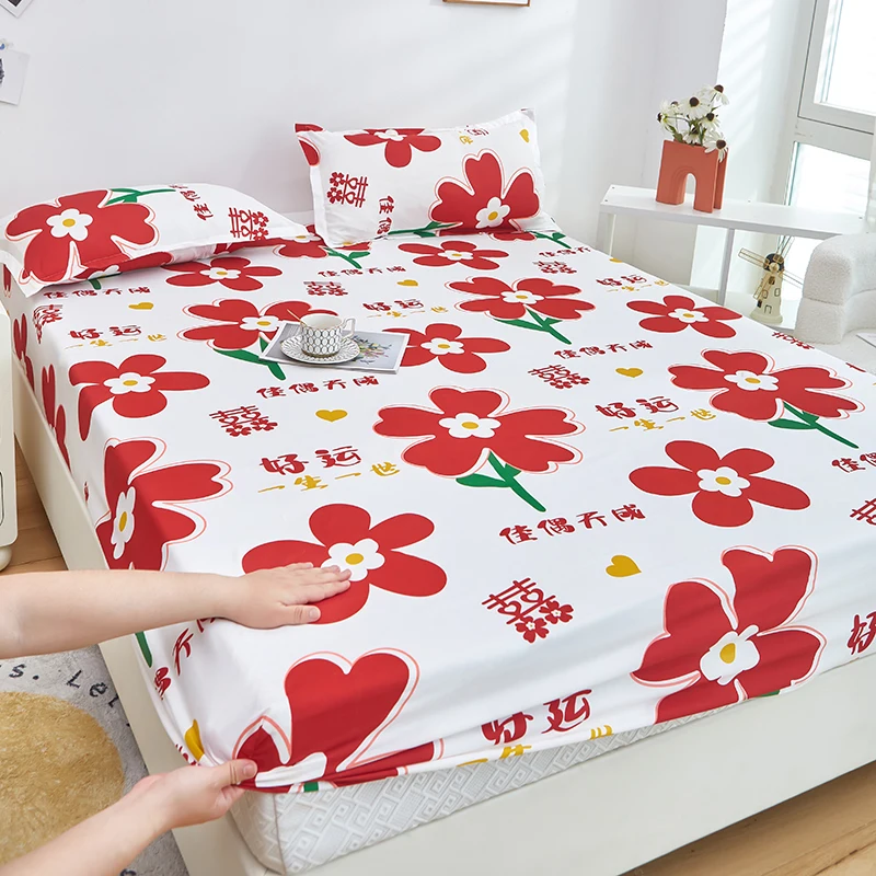 

New Soft Skin Water Wash Cotton Bed Print Bed Cover 360 Wrap with Elastic Sheet Set for Students Universal Skin Friendly 200x220