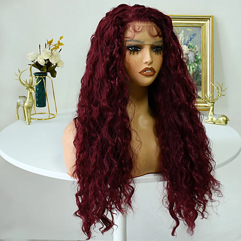 Винно-красный синтетический парик спереди для женщин Бордовый длинный волнистый бесклеевой парик Натуральная линия волос Термостойкое волокно Парик шнурка волос