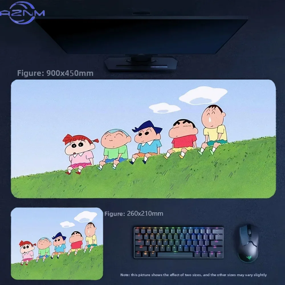 Crayon Shin‑chan Friends Sitting On Green Hillside Anime Mousepad, Rubber Non‑Slip Large Desk Mat, Fresh Cartoon Gaming Mouse Pa