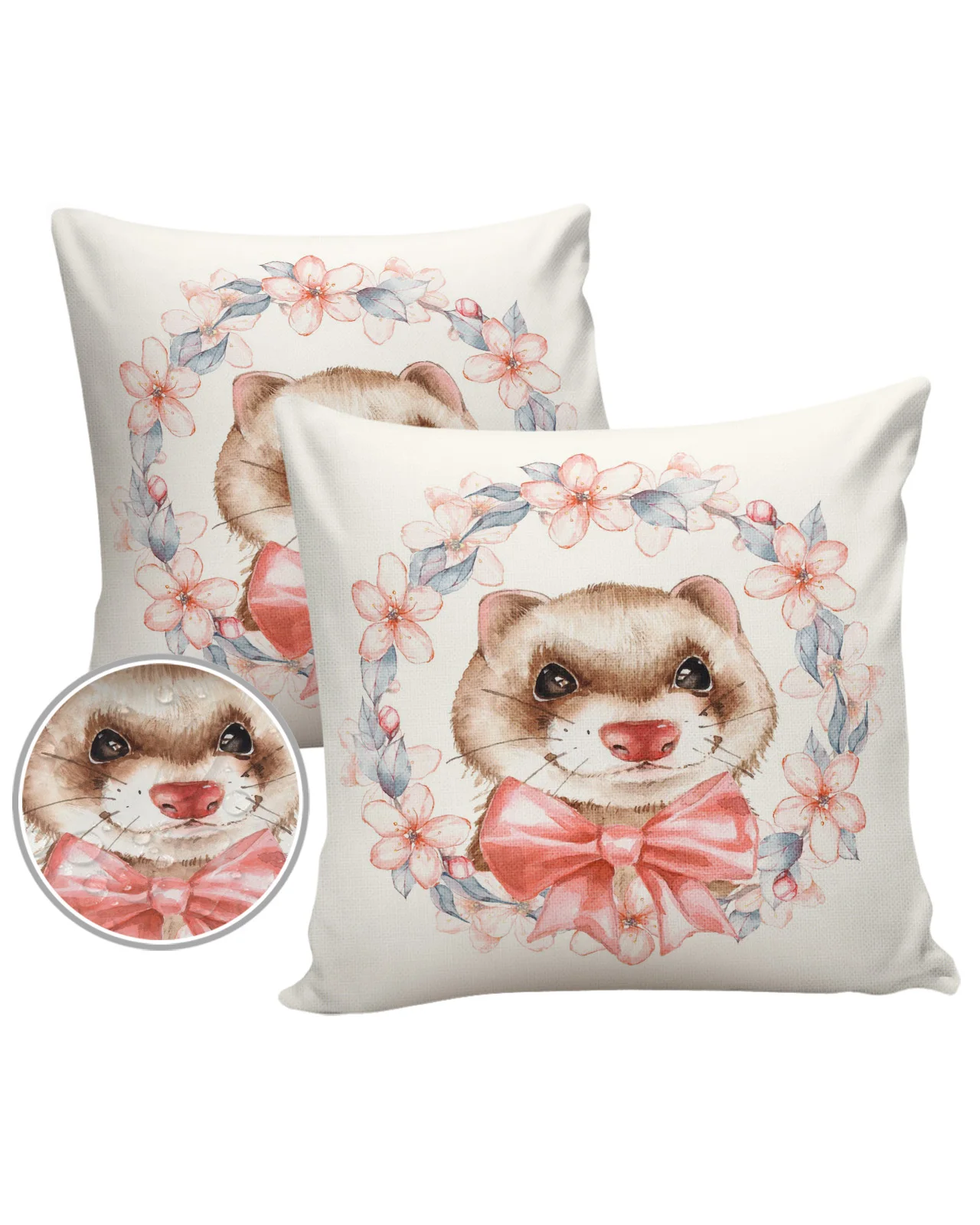 2pcs Pillowcase Ferret Wreath Watercolor Painting Cushion Cover Sofa Throw Pillowcase Bedroom Home Decoration Pillow Cases