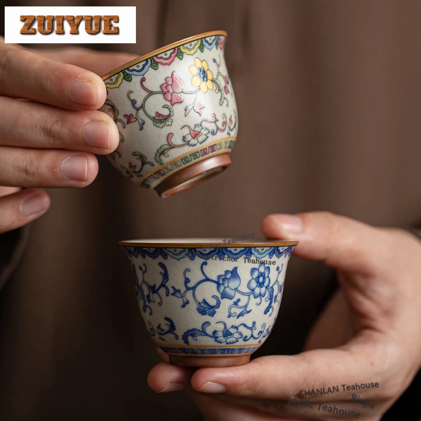 50ml Ru Kiln Interlock Branch Lotus Decoration Teacup Retro Tea Bowl Jug Tea-tasting Personal Cup Chazhan Master Cups Collection