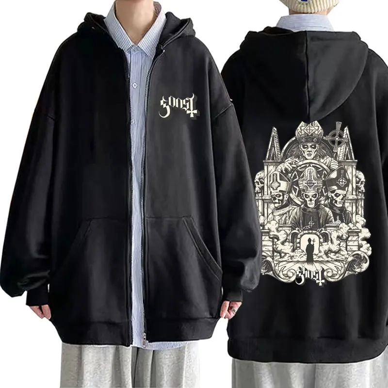 Ghost Band Zipper Hoodie Autumn Winter Male Vintage Gothic Rock Metal Zipper Sweatshirt Men Women Casual Oversized Zip Up Jacket