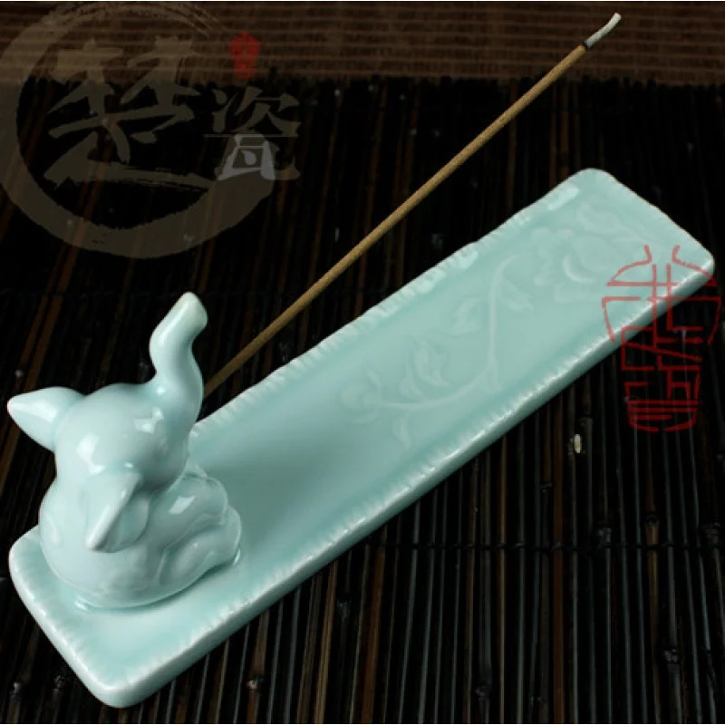 Jingdezhen Celadon Glaze Carved Incense Burner Auspicious Elephant Incense Holder Incense Ceremony Handmade Ceramic Joss-Stick D