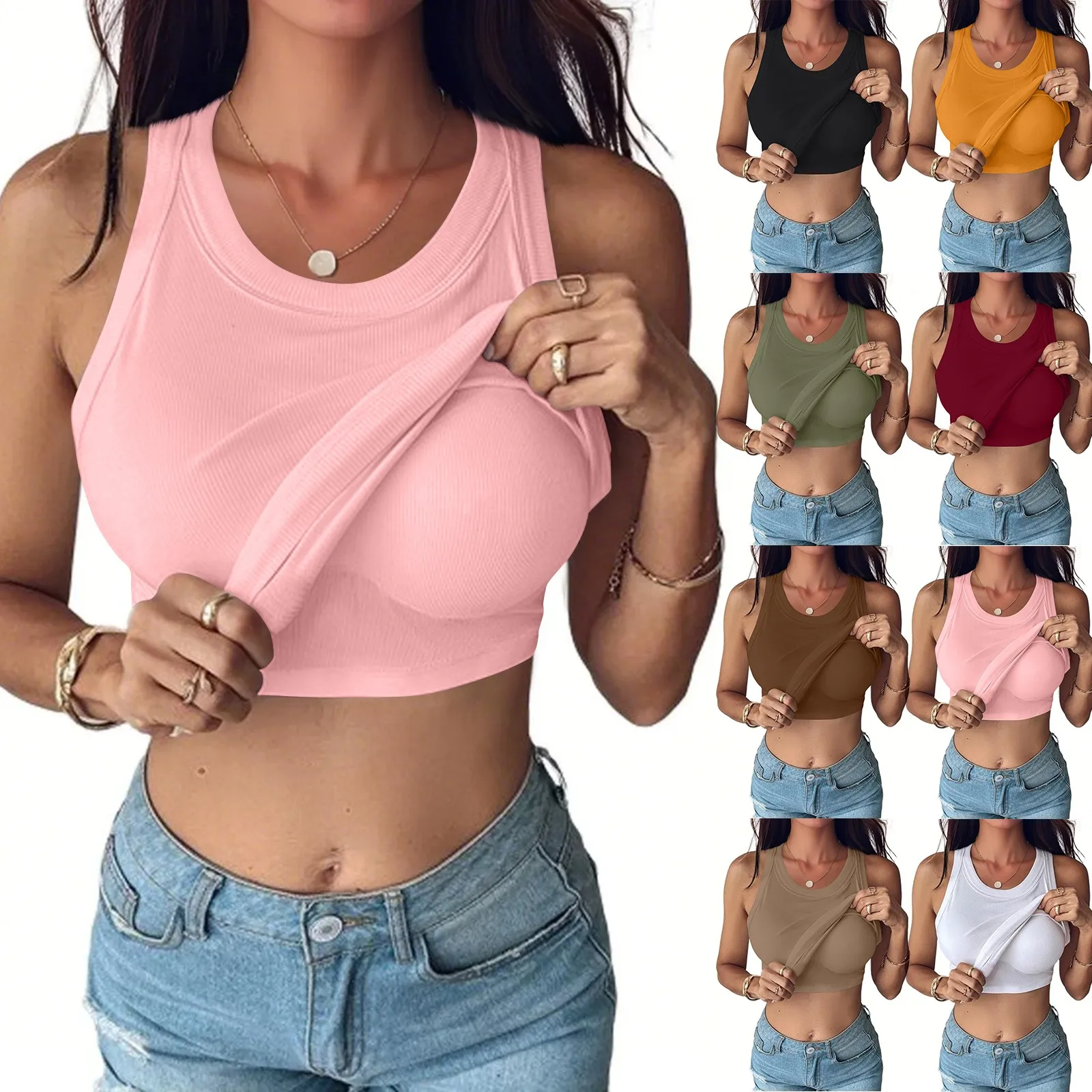 

Базовый однотонный эластичный топ с U-образным вырезом для женщин: модный, повседневный и универсальный, с подкладкой на груди, для йоги и спорта