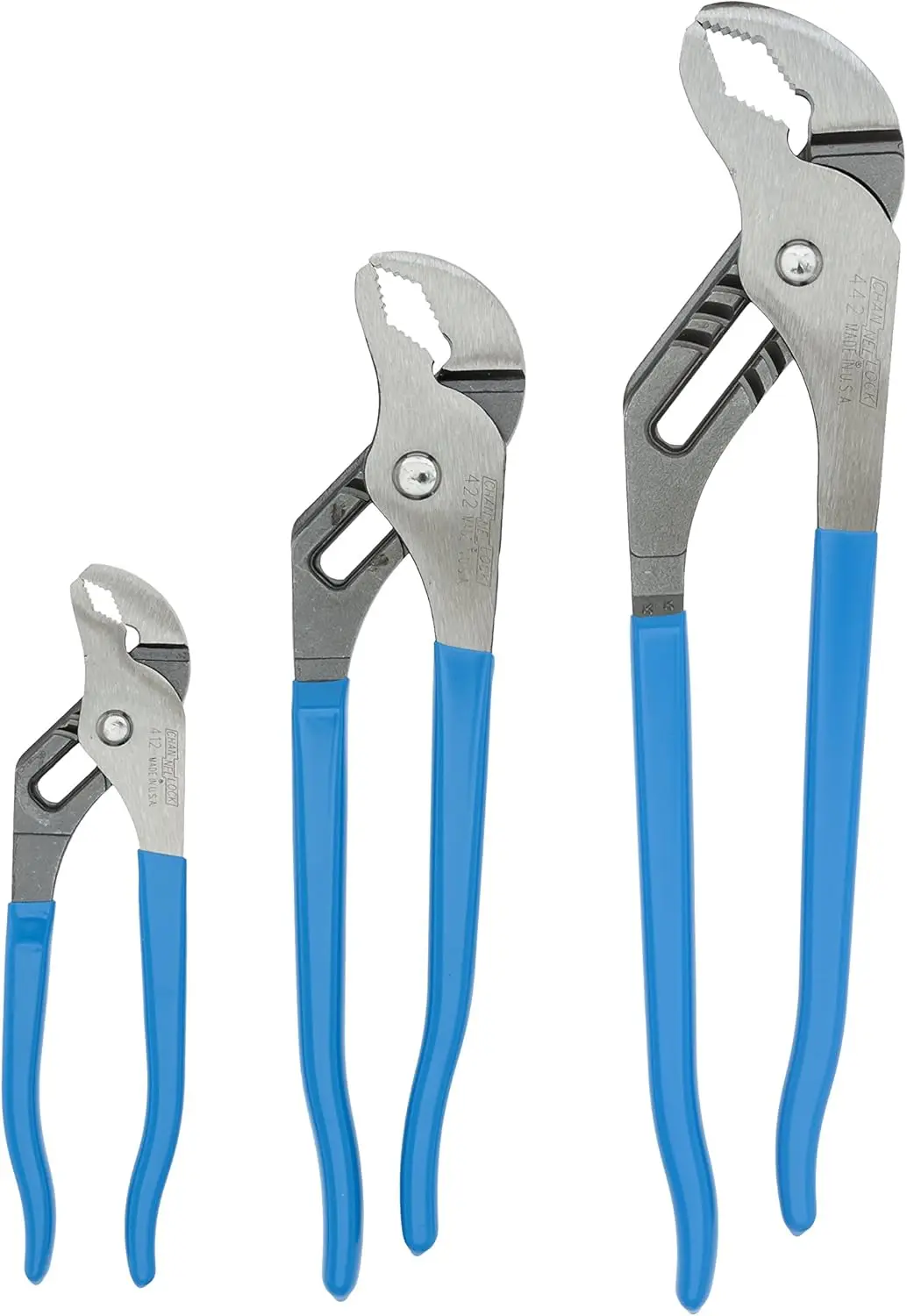

3-Piece Tongue and Groove Pliers Set, Dipped Handles, Blue, Sizes 6.5", 9.5", 12" for Versatile Use