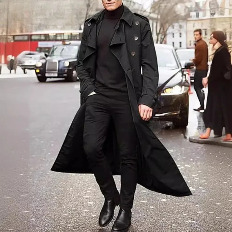 

Мужской черный длинный плащ, осенне-зимнее повседневное мужское пальто, уличные куртки на пуговицах для мужчин