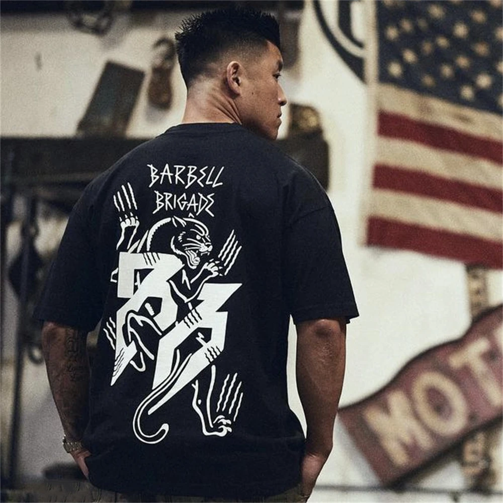 Barbell เสื้อยืดแขนสั้นพิมพ์ลายเสือดาวเสื้อออกกำลังกายผู้หญิงผู้ชายผ้าฝ้ายแท้เสื้อยืดออกกำลังกายสำหรับออกกำลังกาย