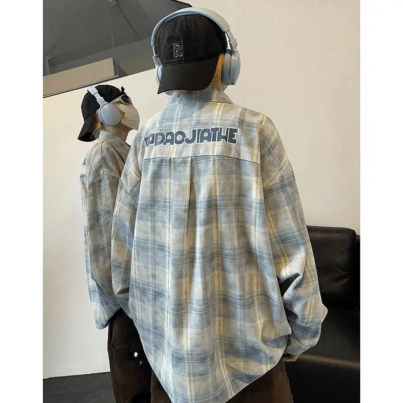 

Мужская рубашка оверсайз 300 Pou в американском ретро-стиле, клетчатая, весна-осень, свободная, длинная, с буквенным принтом, повседневная, дышащая