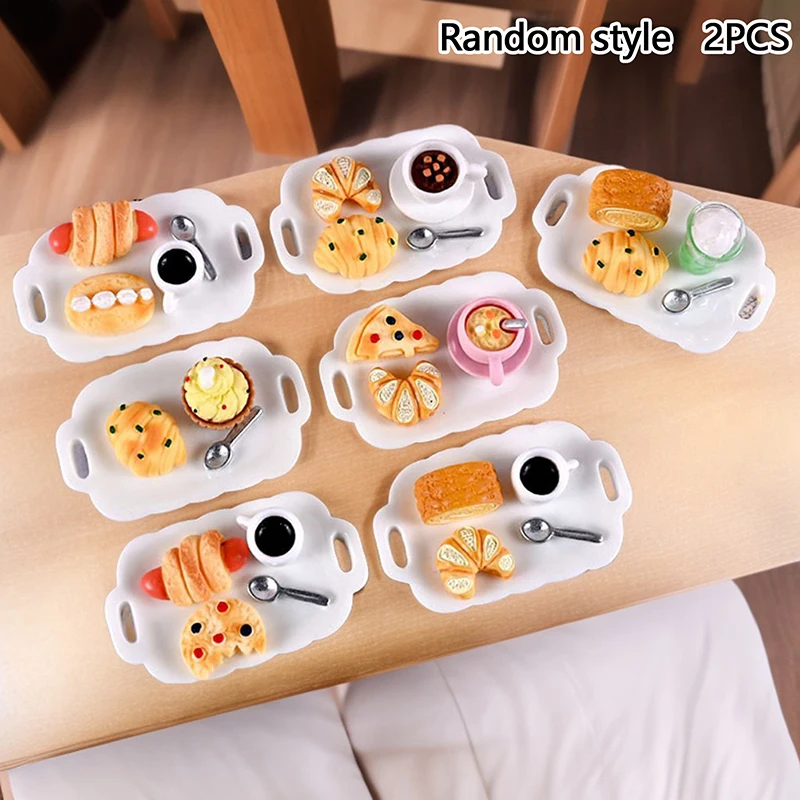 ●2sets Dollhouse Mini Kitchen Cake Bread Simulation Breakfast Set Miniature Food Play Scene Props