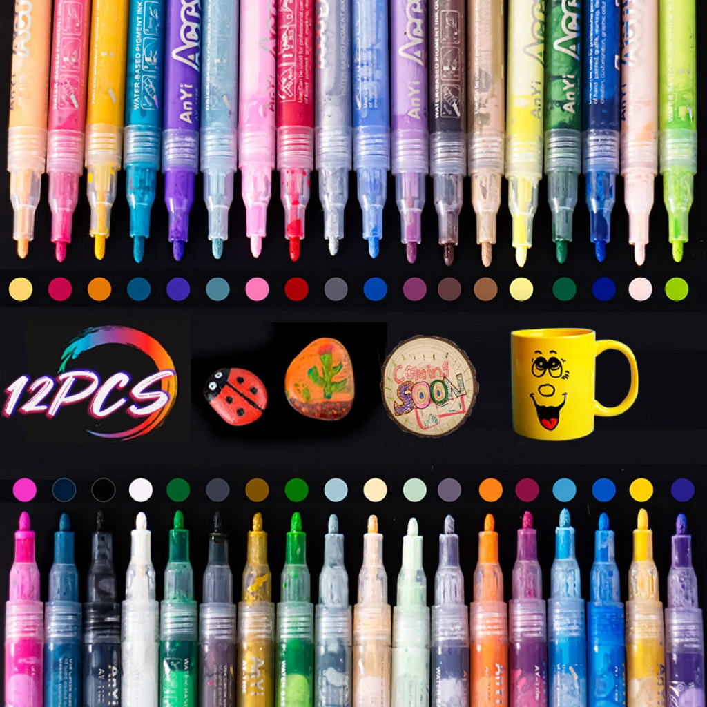 

12pcs Acrylic Marker Paint Pens,Brighten Up Your Artwork, Suitable for Wood, Canvas, Stone, Rock Painting, Glass, Ceramic Surfac