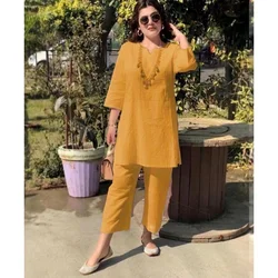 Casual Elegant Women's Cotton Linen Set V-Neck Loose Side With Slit Top Wide Leg Pant Pocket Home Wear Ethnic Office Lady's Suit