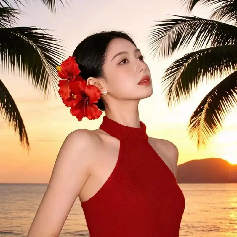 YHJ Hawaiian style 2pc hibiscus flower simulation fabric floral hairpin hairpin beach vacation duckbill clip hair accessories