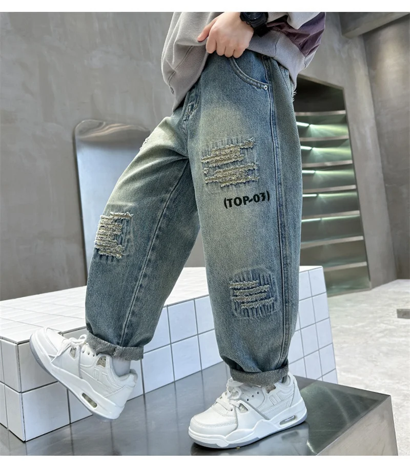 Herbst-Jungen-Jeanshosen Kinder Lose Denim-Hosen Teenager Mode Frühling Baggy Freizeithosen Kinderbekleidung 4-12 Jahre – Detail 6